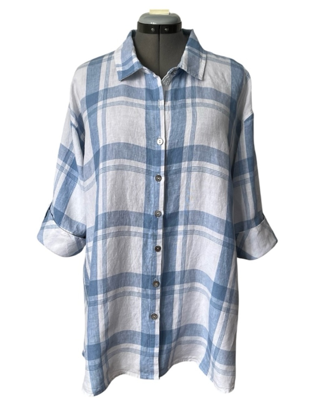 Multiples Linen Bold check plaid button front tunic shirt 1X